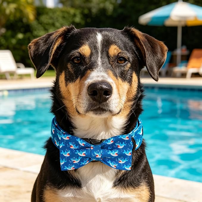 Elegant little tail Dog Collar, Shark Print Pet Collar with Bow, Summer Male Puppy Collars Bowtie Soft Adjustable Dog Collar for Small Medium Large Dogs