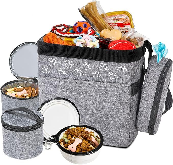 Dog Travel Bag with Treat Pouch, Airline Approved, 2 Food Containers, 2 Bowls,Grey,Small
