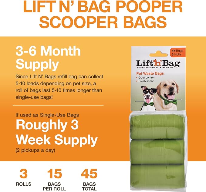 Neater Pets Lift N’ Bag Extra-Capacity Dog Poop Bags Rolls, 20% Thicker Leakproof Poop Bags for Dogs, Extra-Large Dog Pooper Scooper Refill Bags, 3 Rolls - 45 Count, Lavender Scent, 14.25” x 9.5”