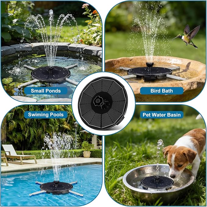 Solar Fountain Pump with 3 Spray Height Adjustment, Upgraded PET Solar Bird Bath Fountains with 6 Nozzles, Solar Water Fountain Pump for Outdoor, Bird Bath, Garden, Pool, Pond