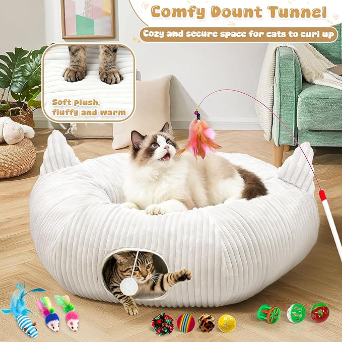 OurWarm Large Cat Tunnels for Indoor Cats– Plush Cat Donut Tunnel, White Cat Bed Tunnel for Under Christmas Tree, Multifunctional Playground Toys Hideplace for Kittens, Rabbit, Ferret (39.37in Dia)