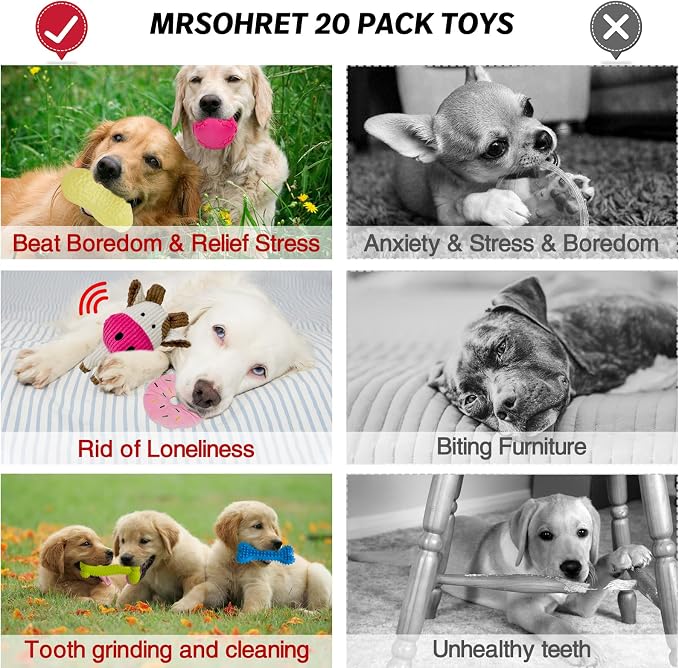 MRSOHRET 20Pcs Puppy Chew Toys for Teething, Dog Chew Toys with Rope Toy, Pet Dog Toothbrush, Treat Balls, Plush Toys and Squeaky Toys for Small Medium Dogs with Basket