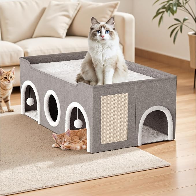 Top Bed Three Rooms Cat Condos,All-in-1 Extra-Wide Cat House for Indoor,Multi Cats Puppy Family, Large Cat Cave for Pet House with Fluffy Ball Hanging and Scratch Pad, Foldable Hideaway