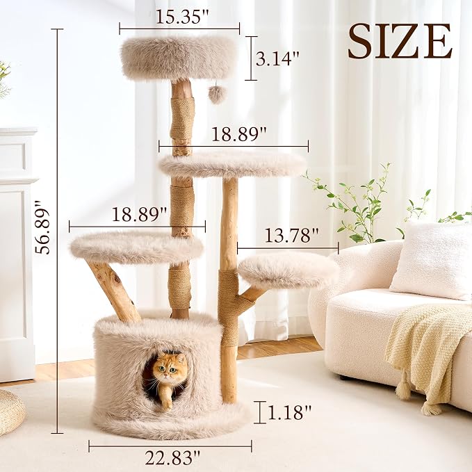 HITTITE Natural Wood Cat Tree Tower with Scratching Post, 56.8 Inches Tall Modern Cat Tower with Cozy Bed and Condo, Luxury Real Branch Cat Tree for Indoor Cats Large Adult, Khaki.