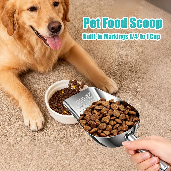 AIERSA Pet Food Scoop & Measuring Cup for Dogs & Cats, Stainless Steel Dog Scoop1 ¾ / ½ / ¼ Cup with Multi-Unit Markings for Precision Feeding, Easy-Clean Metal Food Storage
