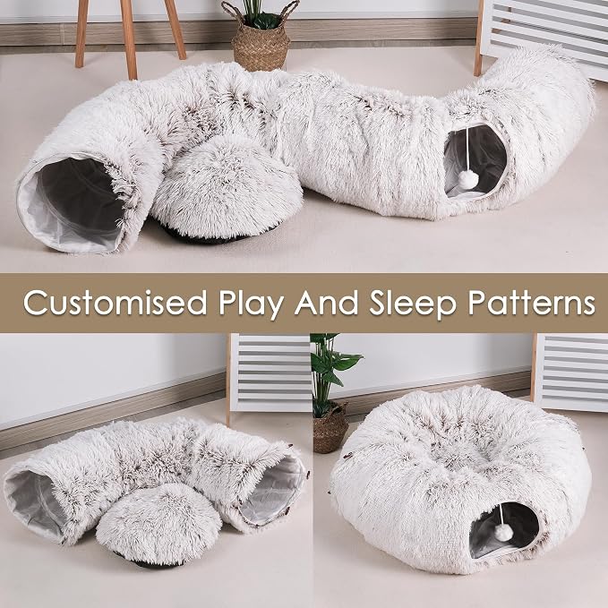 Cat Tunnel Bed for Indoor Cats, Peekaboo Cat Cave with Washable Soft Play Mat, Furry Cat Tube, for Kitten/Puppy/Rabbit, Brown