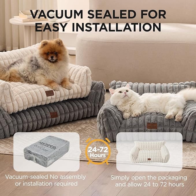 Joydeco Cat Couch for Pets, 24 inch Plush Pet Sofa, Cat Bed for Indoor Cats with Removable Washable Cover, Supportive Pet Sofa, Cream