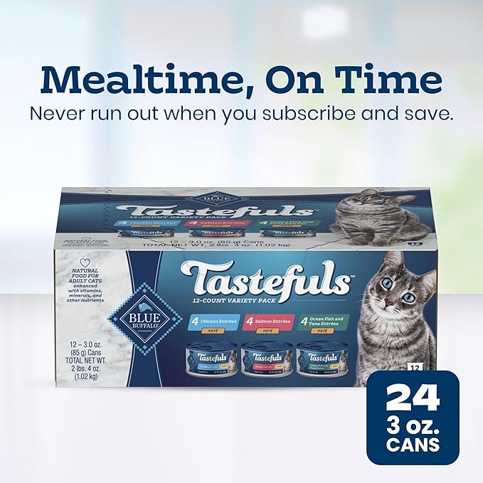 Blue Buffalo Tastefuls Wet Cat Food Paté Variety Pack (Chicken, Turkey & Chicken, Ocean Fish & Tuna) for Adult Cats, Made with Natural Ingredients, 5.5-oz. Each (24 Cans)