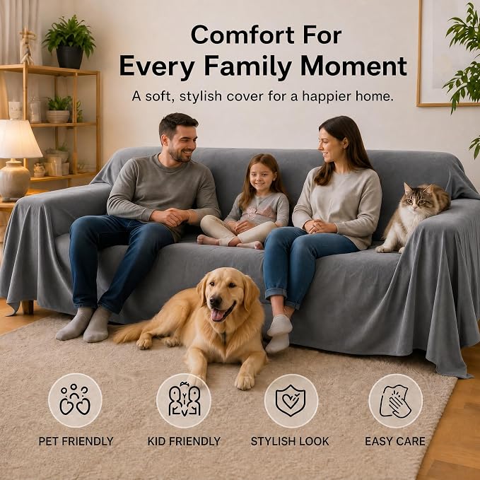 LOllON Velvet Couch Cover for Cats Dogs Kids - 100% Waterproof Cat Scratch Resistant Sofa Cover, Non-Slip Washable Furniture Protector,Ultra Soft Pet-Friendly Slipcover for 3-Seat Sofa 118"x71" Grey
