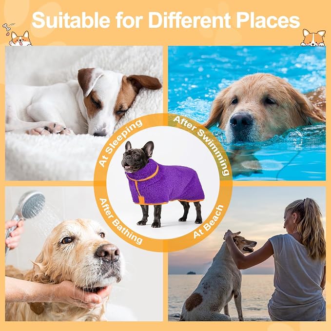 Bienbee Dog Bathrobe, Quick Drying Super Absorbent Pet Robes for Small Medium Large Dogs, Drying Coat for After Bath & Swim, Warm & Cozy Dogs Towels, Dog Puppy Bath Supplies, Purple M