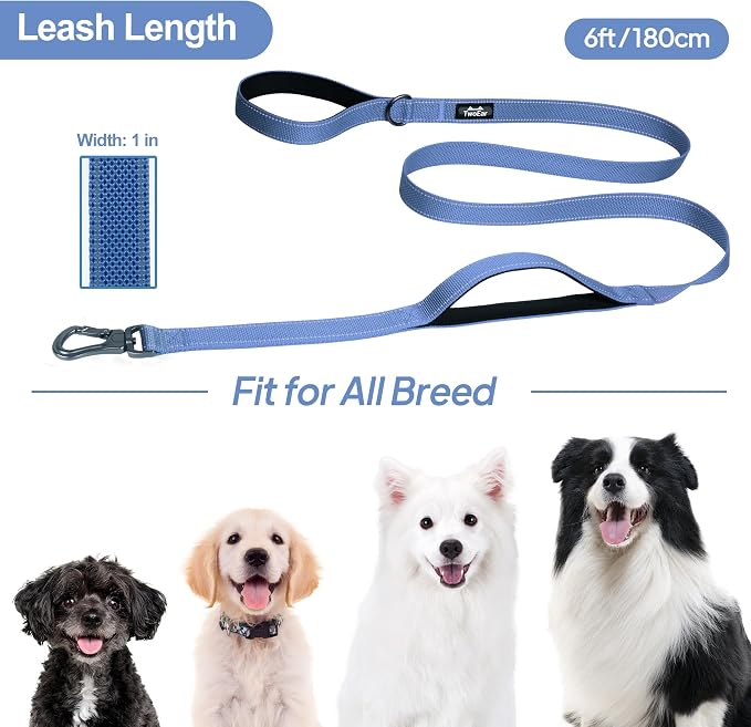TwoEar 6FT 1IN Strong Dark Blue Dog Leash with 2 Padded Handles, Traffic Handle Extra Control, Comfortable Soft Dual Handle, Auto Lock Hook, Reflective Walking Lead for Small Medium and Large Dogs