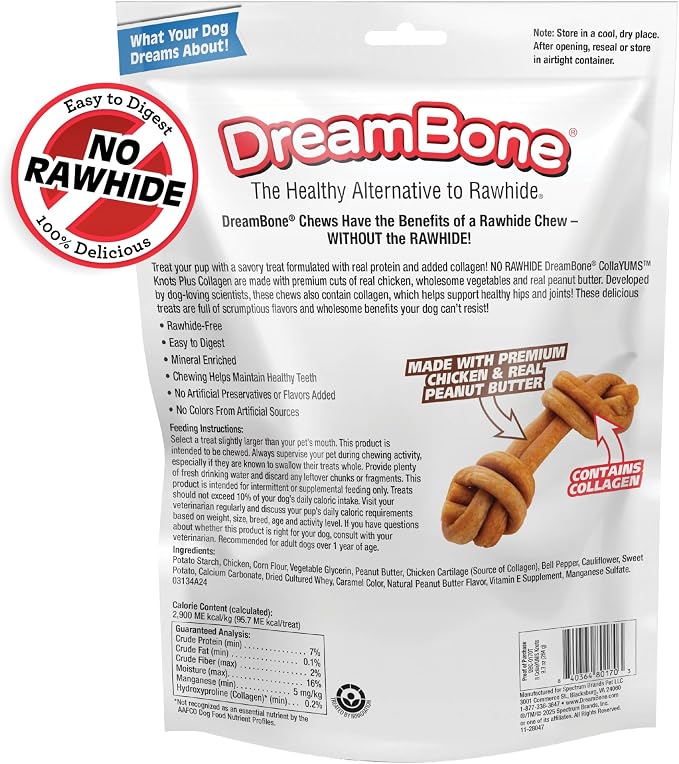 DreamBone CollaYUMS Knots Plus Collagen Chews for Dogs, 8 Count, Treat Your Dog to Rawhide-Free Chews Made with Chicken, Vegetables and Peanut Butter