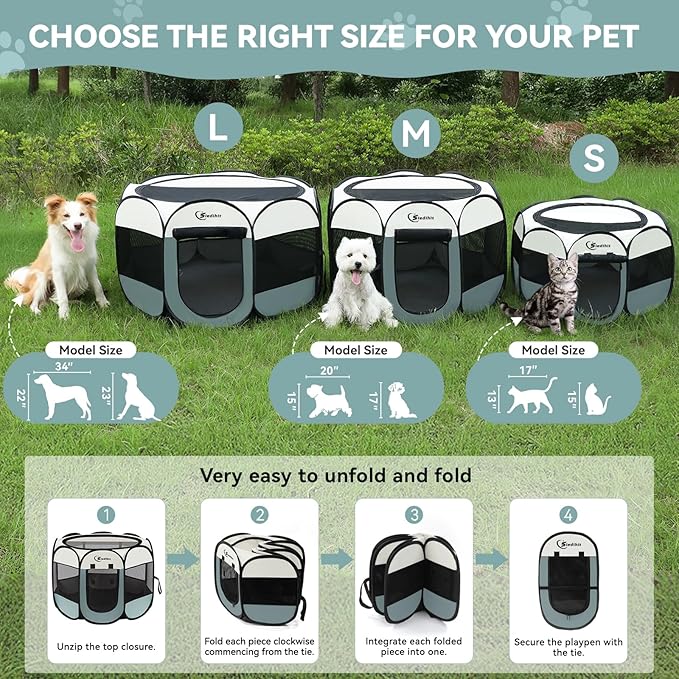 Siedihit Dog Playpen with Washable Pee Pad, Puppy Pet Cat Playpen Small Dogs Tent Crate Indoor/Outdoor, Portable Pop Up Kennel with Carrying Case for Cats/Rabbits(Grey,Small with pad)