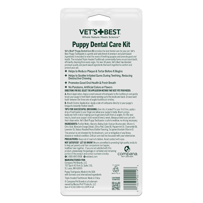 Vet's Best Dog Toothpaste & Toothbrush Kit for Puppies – Puppy Essentials – Dog Toothbrush & Toothpaste for Young Dogs- Perfect for Puppy Teething, Freshens Breath - Peanut Butter Flavor, 3.5 oz
