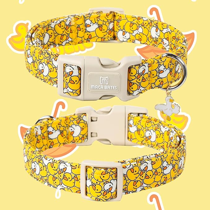 Maca Bates Summer Cute Dog Collar with Yellow Duck Print for Extra Large Boy Gril Dogs,Spring and Summer Styles Durable,Soft,Thick,Adjustable Puppy Basic Collars for Male Female Pet with Safety Buckle
