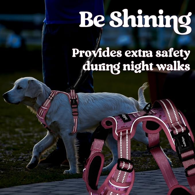 rabbitgoo Dog Harness for Large, No Pull Easy On & Off with 3 Buckles Pet Harness, Adjustable Soft Walking Vest with 2 Clips and Handle, Reflective for Extra Large Dogs, Floral Pink, XL