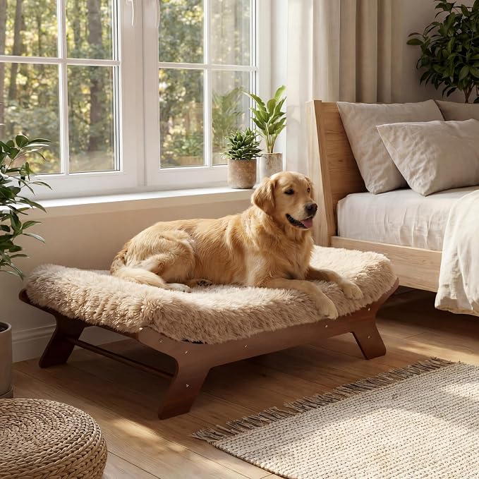 Muihood Wood Elevated Dog Bed Frame and Egg Crate Foam Mattress, Luxurious Suitable for Pets Up to 110 lbs, Walnut Grain Pattern, XL
