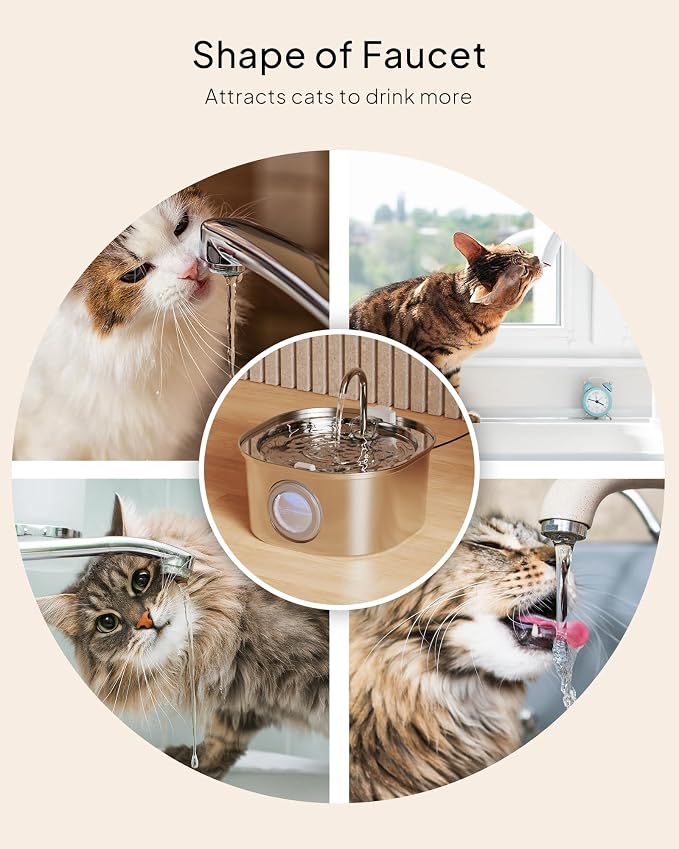 PEKTACO Stainless Steel Cat Water Fountain, 3.2L/108oz Cat Water Dispenser with Quiet Water Pump, Dishwasher Safe Pet Drinking Fountain for Cats with 6 Filters + 6 Sponges