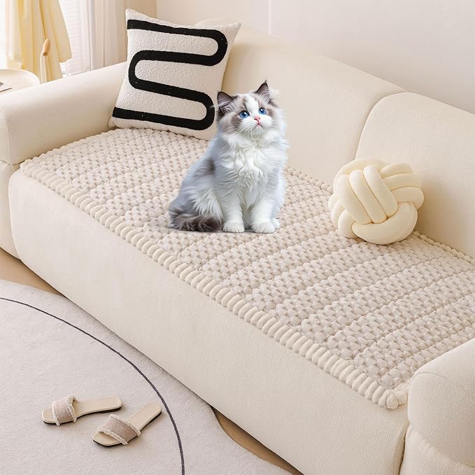 OTOB Couch Cover for Dogs Washable Non Slip Plush Sofa Covers for 3 Cushion Couch, All Seasons Fuzzy Kids Pet Friendly Sofa Slipcovers Furniture Protector Bed Mat (Cream, 27.6" x 70.9")