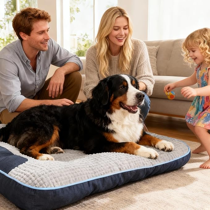 Orthopedic XL Dog Bed for Large Dogs Up to 110lbs, Soft Fluffy Thick Rectangular Sofa with Pillow, Non-Slip Bottom, Grey 47"x37"x8" - Joint Support for Senior & Arthritic Dogs