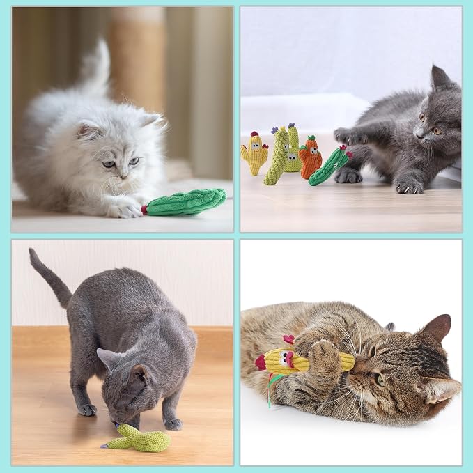 Pawsible Cat Toys for Indoor Cats, 100% Pure Organic Catnip-Filled Toys Without Cotton, Interactive Cactus Kitten Toy for Anxiety Relief, Soft Cute Teething &Chew Toys, 5 Pack