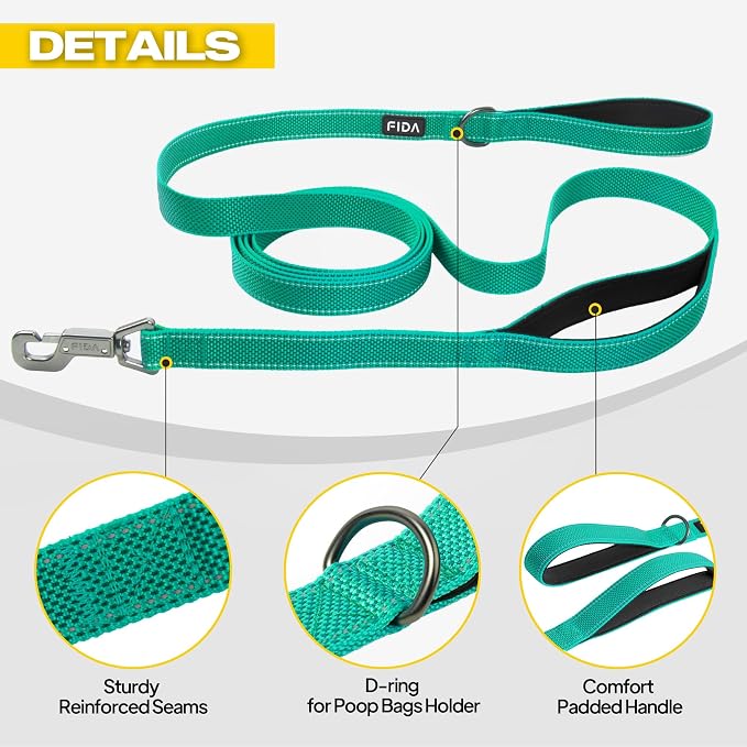 Fida 10ft Heavy Duty Dog Leash with 2 Comfortable Padded Handles, Traffic Handle & Advanced Easy Snap Hook, Reflective Walking Lead for Large, Medium & Small Breed Dogs, Teal