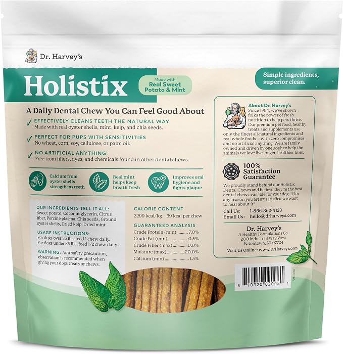 Dr. Harvey's Holistix Dental Chews for Dogs - Healthy Dog Teeth Cleaning & Fresh Breath Treats, Mint, Sweet Potato, Dried Kelp, Oyster Shells (24 Sticks)