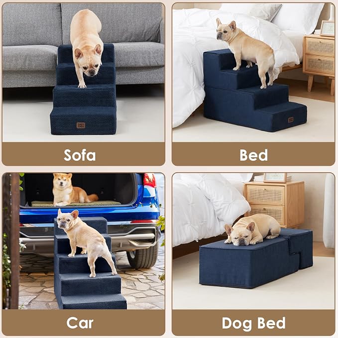 EHEYCIGA Dog Stairs for Bed 20" H, 4-Step Extra Wide Dog Steps for High Bed, Pet Steps for Small Dogs and Cats, Non-Slip Balanced Pet Ramp Indoor, Navy Blue