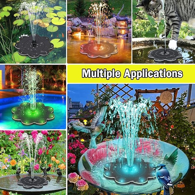 SZMP Flower Shape 3.5W Solar Powered Water Fountain with 2000mAh Battery & Colorful RGB Light Show, Anti-Drift Fixer & 7 Nozzles, Solar Fountain for Bird Bath, Garden Decor
