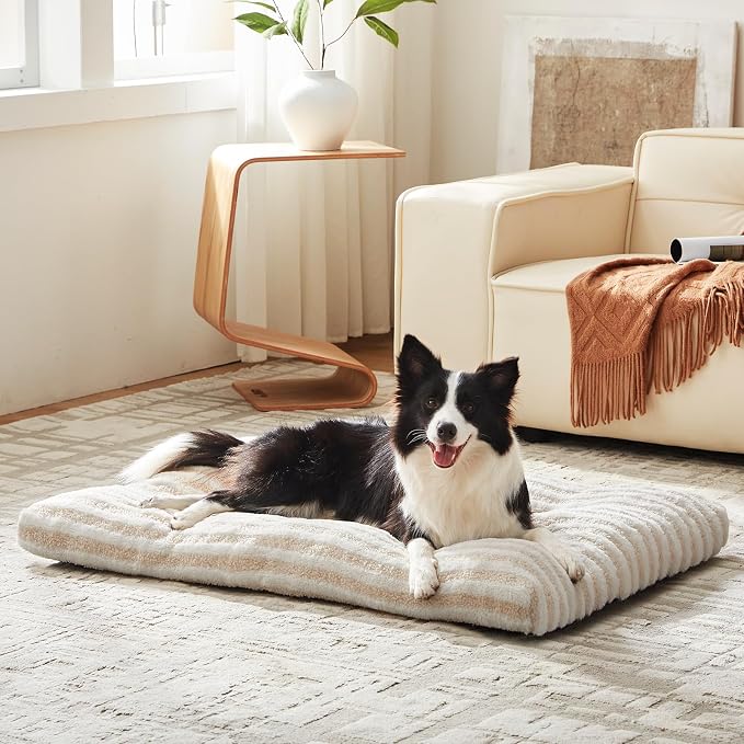 FURTIME Washable Dog Bed Large Sized Dogs, Deluxe Dog Crate Beds Comfy Fluffy Kennel Pad Anti-Slip Pet Sleeping Mat, Machine Washable Dogs Pillow, 35"x23"x3.5", White