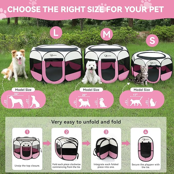 Siedihit Dog Cat Playpen, Puppy Pet Playpen Indoor for Dog Crate Tent Cage Outdoor, Portable Pop Up Dogs Enclosure Kennel with Carrying Case for Dogs/Cats/Rabbits (Pink with Pad, Medium)