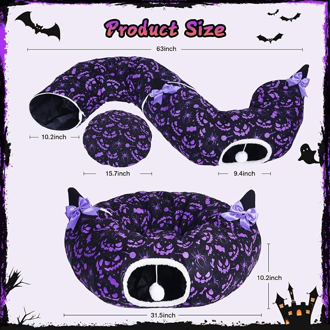 Tidjani Cat Tunnel Bed, Cat Tunnels for Indoor Cats, Foldable Cat Donut Bed with Washable Mat and Dangling Balls, Purple Bowknot, Ghost Spider Pattern Decor Pet Toys for Small Animals