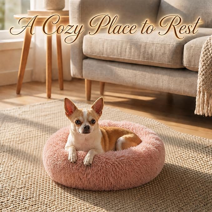 Tiny Dog Bed 15 Inch for Extra Small Dogs,Washable Puppy Bed,Soft Faux Fur Calming Donut Bed for Chihuahua Yorkie Maltese Pomeranian,Pink