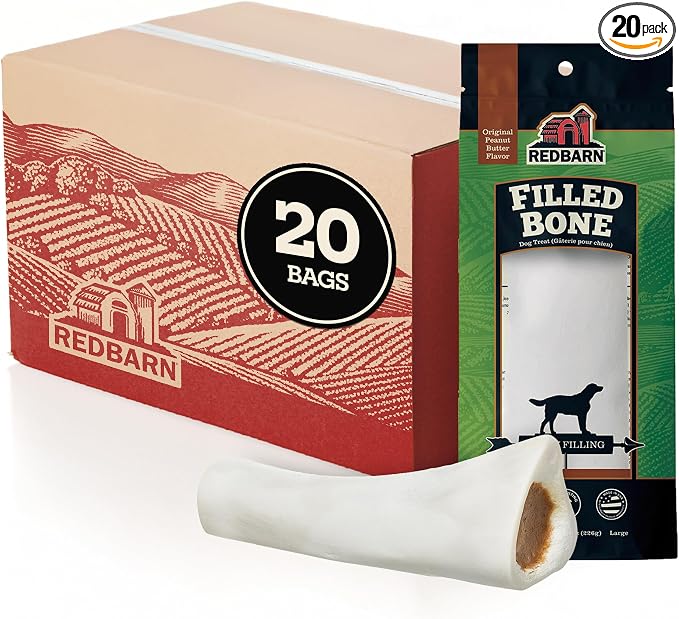 Redbarn Large Peanut Butter Filled Bones Dog Treats 20-Count - Long Lasting Beef Femur Bones for Large Dogs - Rawhide Free Dental Chews for Heavy Chewers