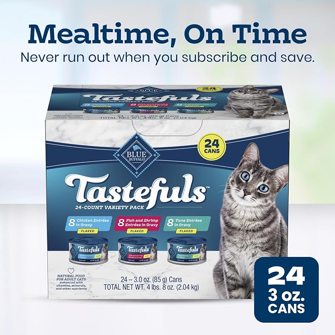 Blue Buffalo Tastefuls Flaked Adult Wet Cat Food Variety Pack (Tuna, Chicken, Fish & Shrimp), Natural Ingredients Enhanced with Vitamins, Minerals & Other Nutrients, 3-oz. Each (24 Cans)