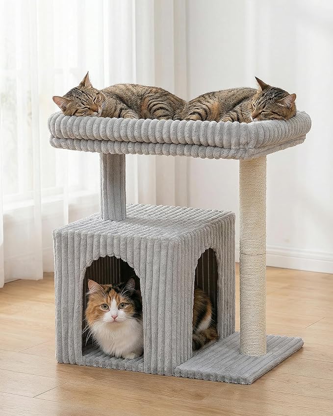 Cat Tree for Large Cat, 20.9 * 15.7in Large Perch Bed for Adult Cats, 22.8in Cat Tower with Scratching Post, Cat Condo with 2-Door for Indoor Cats, Light Gray