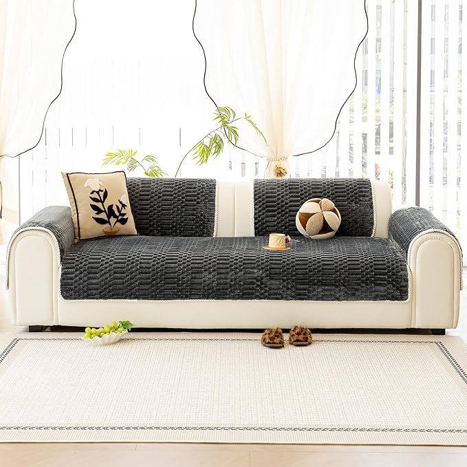 Plush Warm Sofa Covers Washable, Funny Fuzzy Couch Cover for Dogs Washable, Non-Slip Couch Covers for Recliner, Soft Sofa Slipcover for Pet & Kid(1PC, Dark Grey, 36"×36", Single Seater)