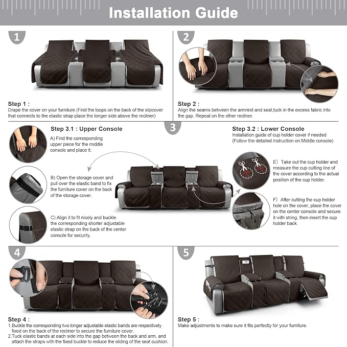 TAOCOCO 100% Waterproof Recliner Couch Covers with Console, Sofa Covers for Reclining Sofa 3 Seat with Straps Design, Split Recliner Sofa Cover Furniture Pets Kids Protector (3 Seater, Chocolate)
