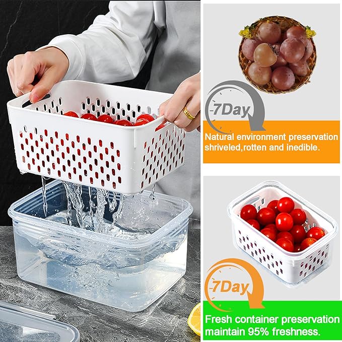 Fruit Storage Containers for Fridge with vent holes and handle,Airtight Food Storage Containers Keep Fruits, Vegetables, Berry, Meat Fresh longer,BPA-free Fridge Storage Container with Lid (3 Pack)