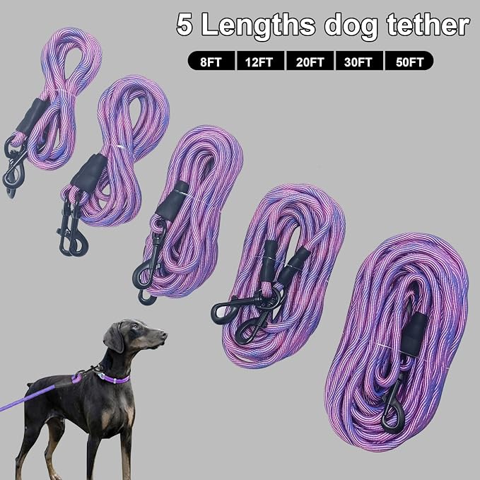 BTINESFUL 8ft 12ft 20ft 30ft 50ft 75ft Dog Tie Out Long Rope Leash, Outdoor Tether Leash for Yard, Large Medium Dogs Training, Playing, Camping, Backyard Dog Lead (Pink Blue, 8 Foot)