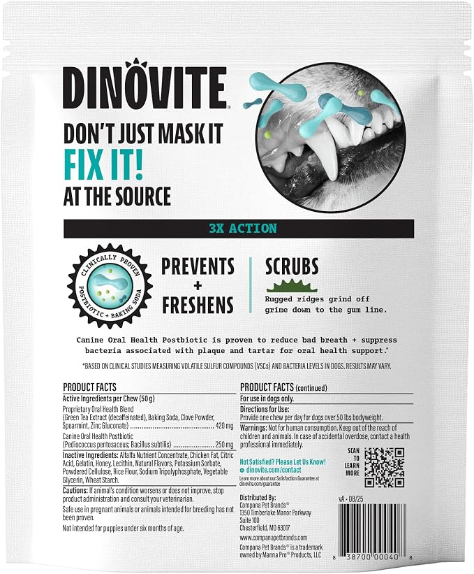 Dinovite Dental Chews for Dogs, Triple Action Dental Dog Treats for Large Breeds, Clinically Proven to Prevent Plaque & Tartar While Freshening Breath, Fresh Mint Flavor, Made in USA, 16 Count