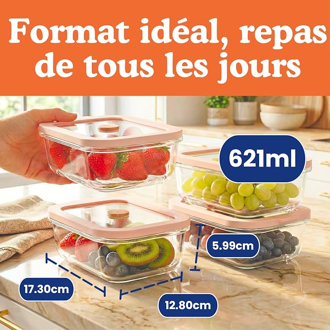Ziruma Non-Toxic 2.6 Cup Glass Food Storage Containers With Lids - Soup Containers with Lids, Plastic Free Meal Prep, Airtight Food Container, Microwave and Freezer Safe, 4 Pack