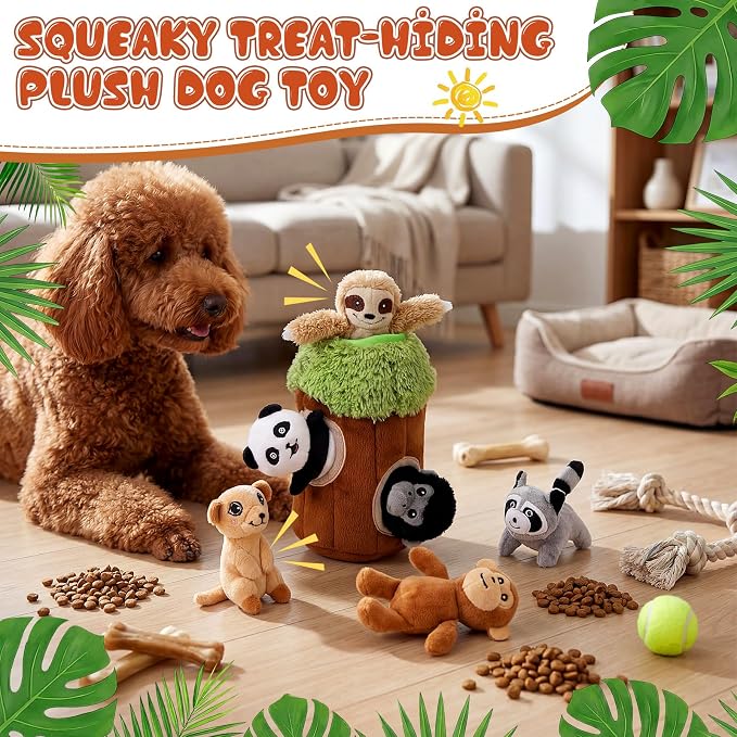 Skylety 7 Pieces Hide and Seek Dog Toys Activity Puppy Chew Squeaky Toys Plush Stuffing Woodland Stuffing with Squeakers for Small Medium Pets Dogs Puppy Gift(Funny,Small)