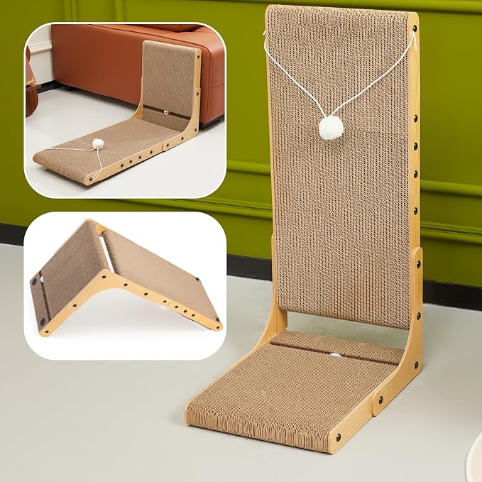 27.6 Inch Reinforced Cat Scratcher, L-Shaped Wall Mount Scratching Post with 2 Catnip Balls & 1 Fuzzy Ball Toy, Easy Flip Scratch Pad for Indoor Cats
