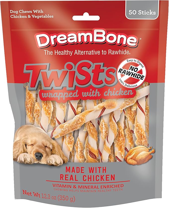 DreamBone Chicken Wrapped Twist Stick Dog Treats, Daily Rawhide-Free Chew, Digests Safely and Completely, With Real Protein, Chicken and Veggies, 50 count