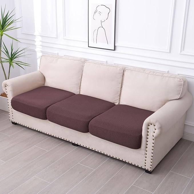 hyha Waterproof Couch Cushion Covers for Pets, Non Slip Sofa Seat Cover for Dogs Washable, Soft Thick Stretch Jacquard Fabric, Sofa Slipcovers with Elastic Bottom (3 Pieces, Chocolate)