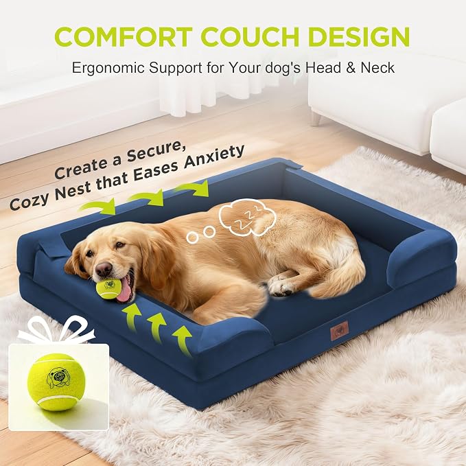 Extra Large Dog Bed, Orthopedic XL Washable Bed for Big Dog Waterproof Pet Couch Sofa Bolster with Removable Cover, Non-Slip Bottom, Tennis Ball Toy, 42 x 30