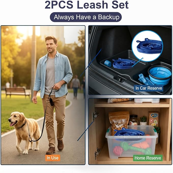 2 Pack Dual Handle Dog Leash, 6ft x 1in Heavy Duty Reflective Nylon Leash with Padded Grip, Traffic Handle, D-Ring, Tangle-Free Dog Lead for Small, Medium & Large Dogs, Safe Night Walks (Black+Blue)