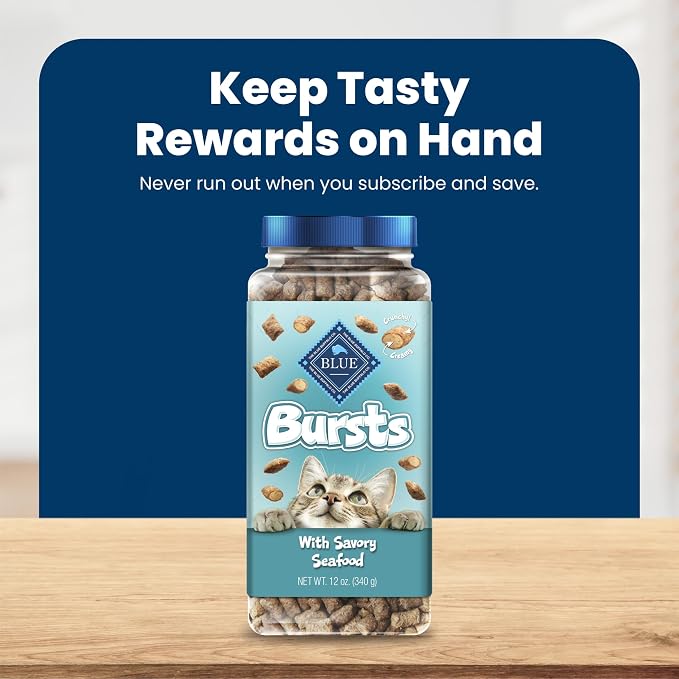 Blue Buffalo Bursts Savory Seafood Crunchy & Creamy Cat Treats, Great for Training, Real Salmon Natural Cat Treats Enhanced with Vitamins, Minerals & Other Nutrients, Tub 12 oz.