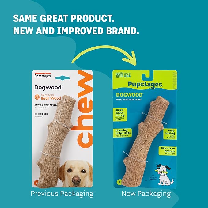 Pupstages Dogwood Dog Chew Toy, Made in the USA – Real-Wood Blend, Natural Flavor & Texture, Moderate Chewers, Large, 8"